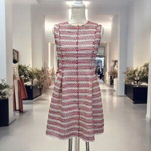 Rebecca Taylor Red & Cream Tweed Pleated Fit & Flair Raw Edge Dress Size 8